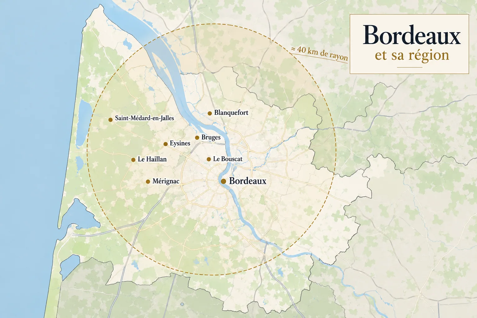 Carte de la Gironde indiquant un rayon d’environ 40 kilomètres autour de Bordeaux et les communes repérées : Bordeaux, Le Bouscat, Saint-Médard-en-Jalles, Le Haillan, Mérignac, Bruges, Blanquefort et Eysines.